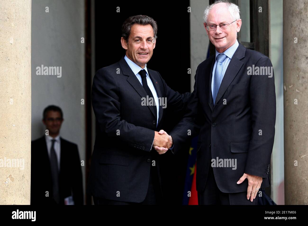 French president Nicolas Sarkozy welcomes European Union president Herman Van Rompuy prior to a working lunch at the Elysee presidential palace in Paris, France on june 15, 2011. Photo by Stephane Lemouton/ABACAPRESS.COM Stock Photo