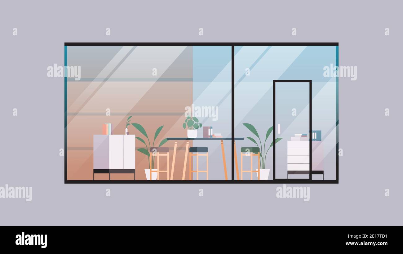 empty coworking center modern office room interior open space with furniture behind glass window horizontal vector illustration Stock Vector