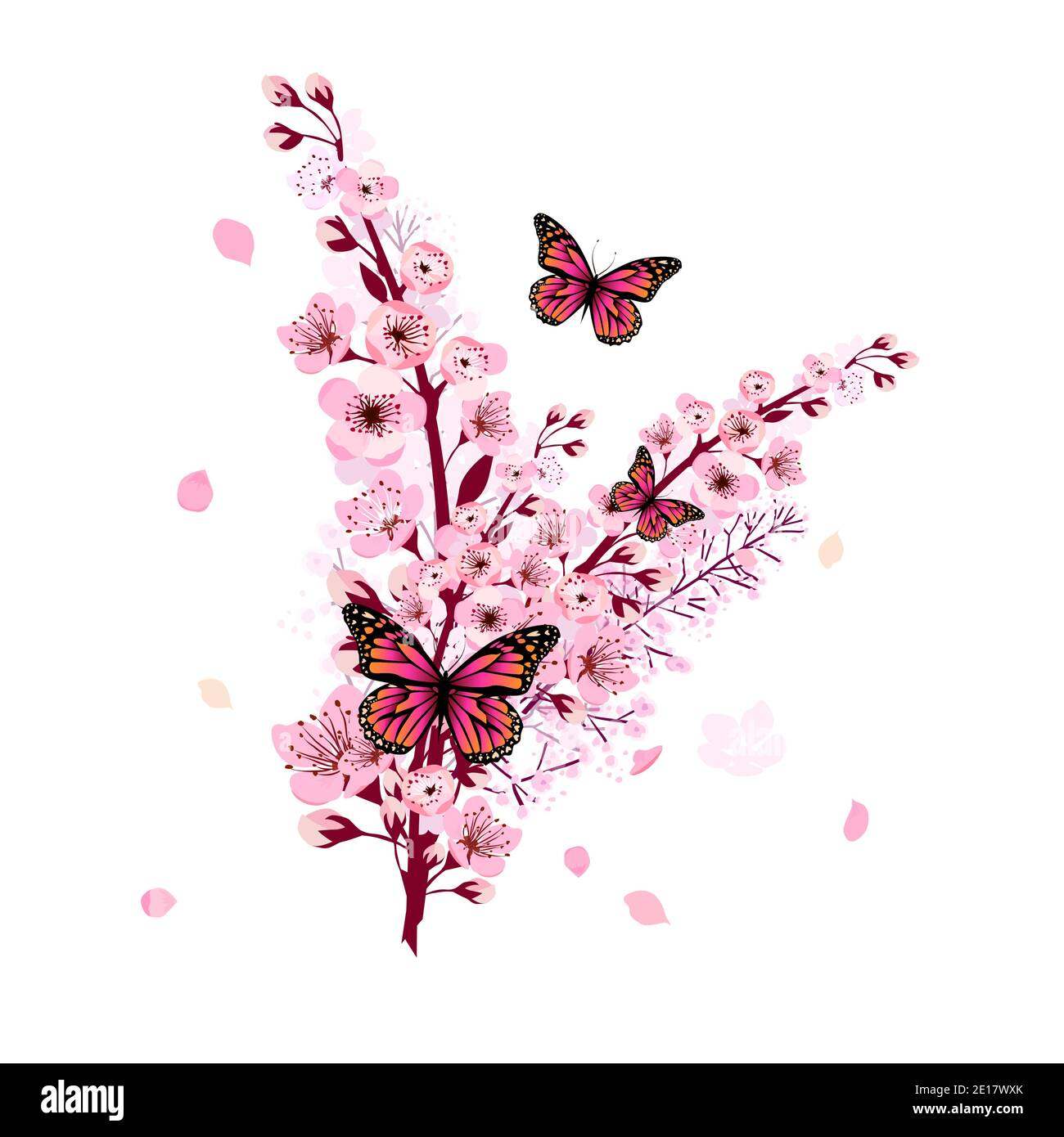 Illustration of sakura branch with pink flowers and falling petals ...