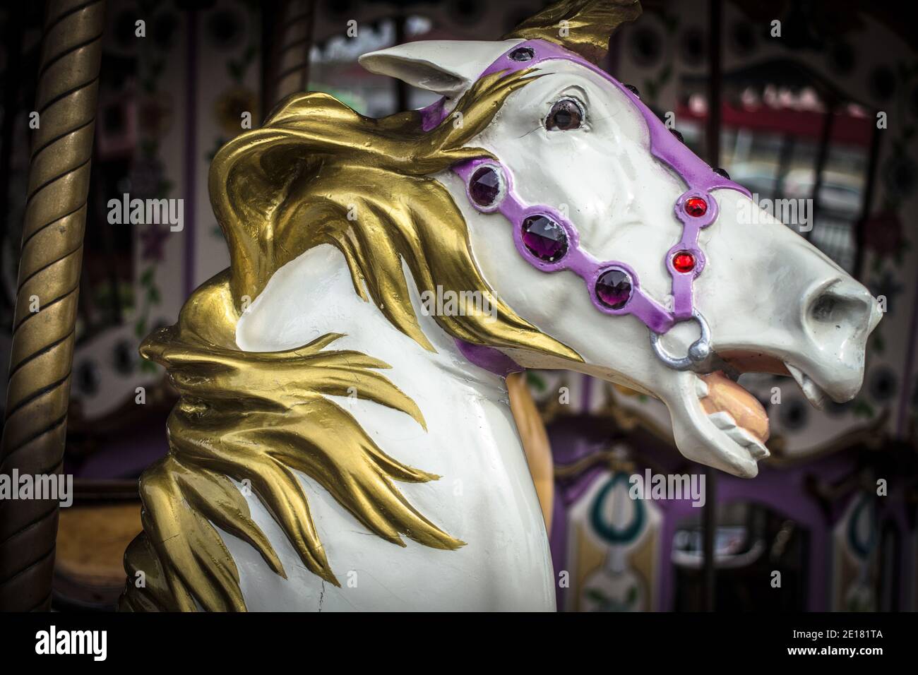 Close up of a antique carousel horse on a merry go round. Stock Photo