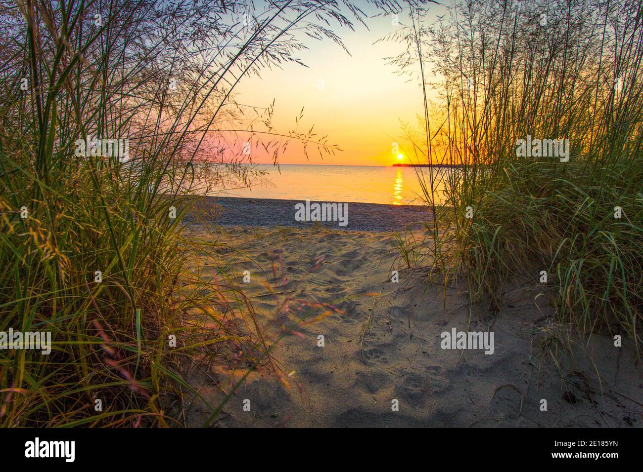 Morning Lake Sunrise Landscape. Gorgeous sandy sunrise path to the beach surrounded by dune grass on the coast of Lake Huron in Port Huron, Michigan. Stock Photo