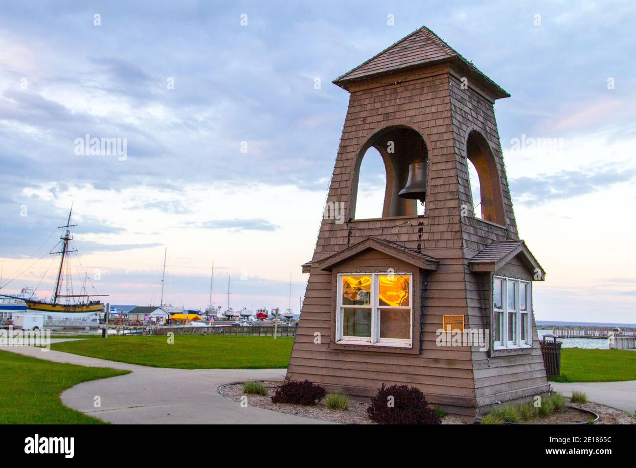 Mackinaw City, Michigan, USA - May 29, 2020: Sunset along the downtown waterfront district in the popular tourist town of Mackinaw City Stock Photo