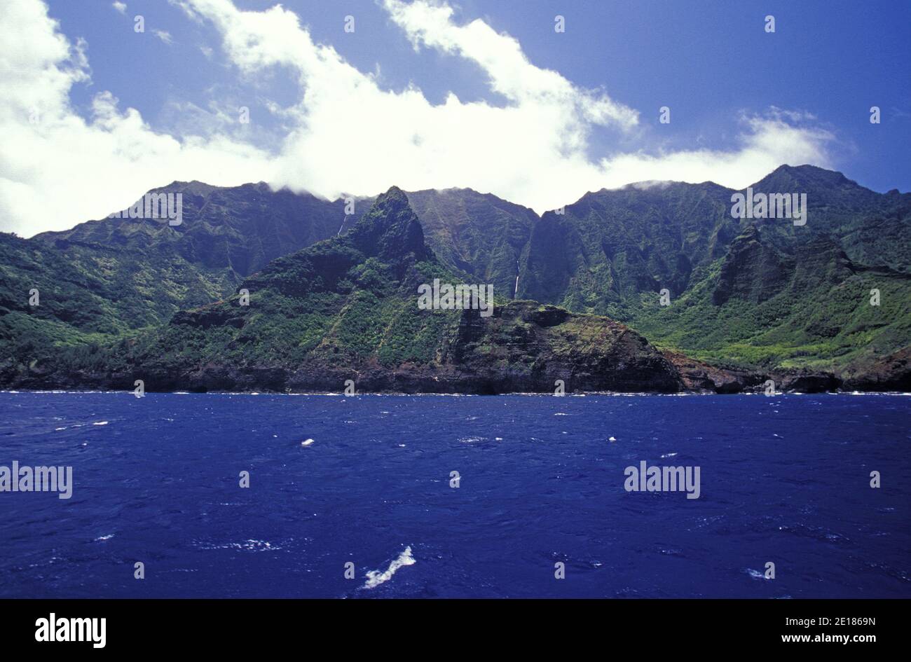 Dramatic seacliffs of Na Pali coastline seen from the ocean, Kauai, Hawaii Stock Photo