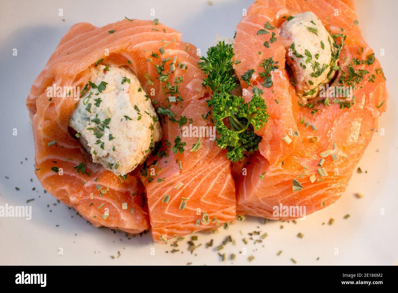 Raw Stuffed Salmon Fillet. Raw salmon with homemade buttery crab