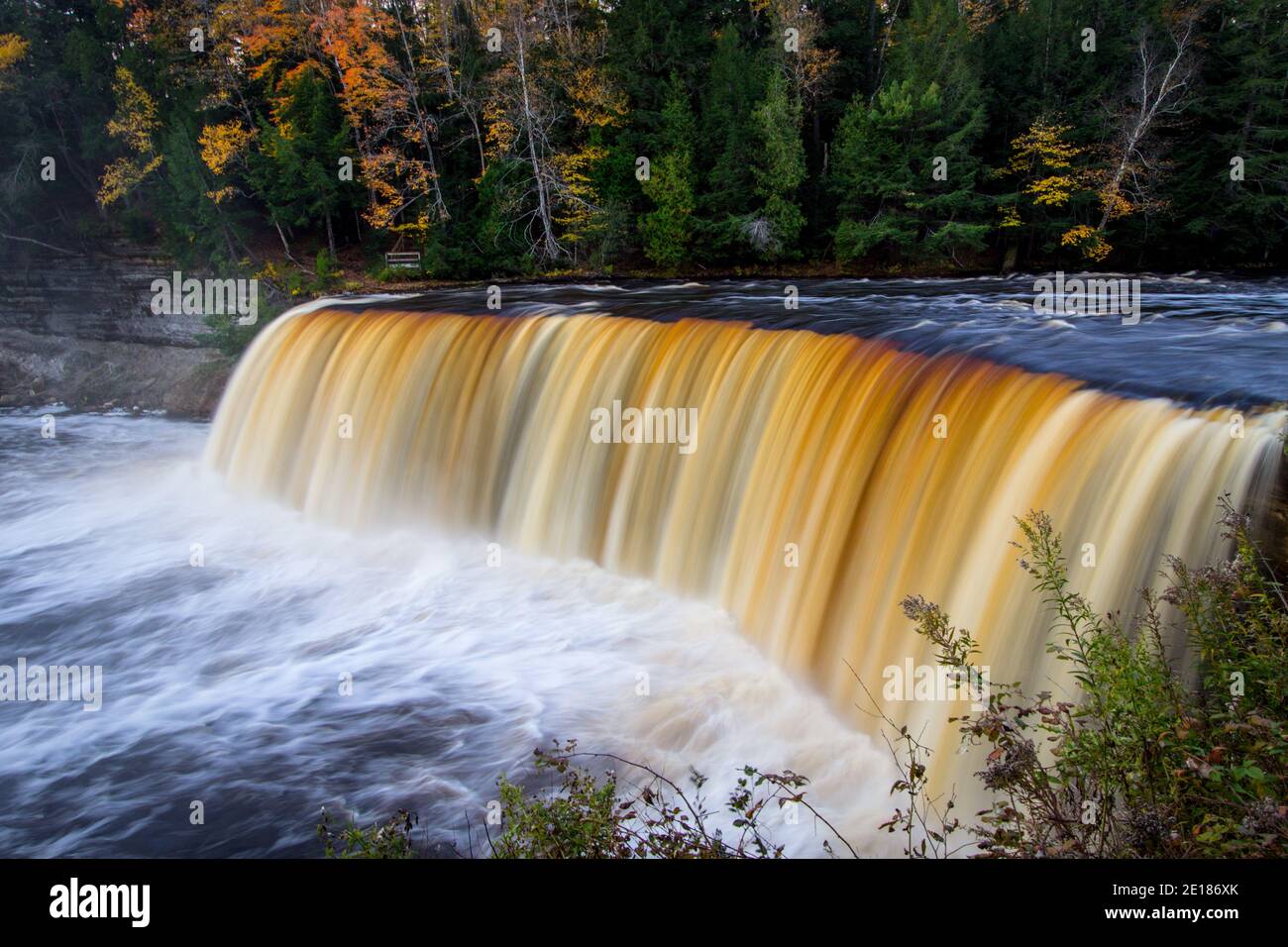 Autumn at Tahquamenon Falls waterfall in northern Michigan. Stock Photo
