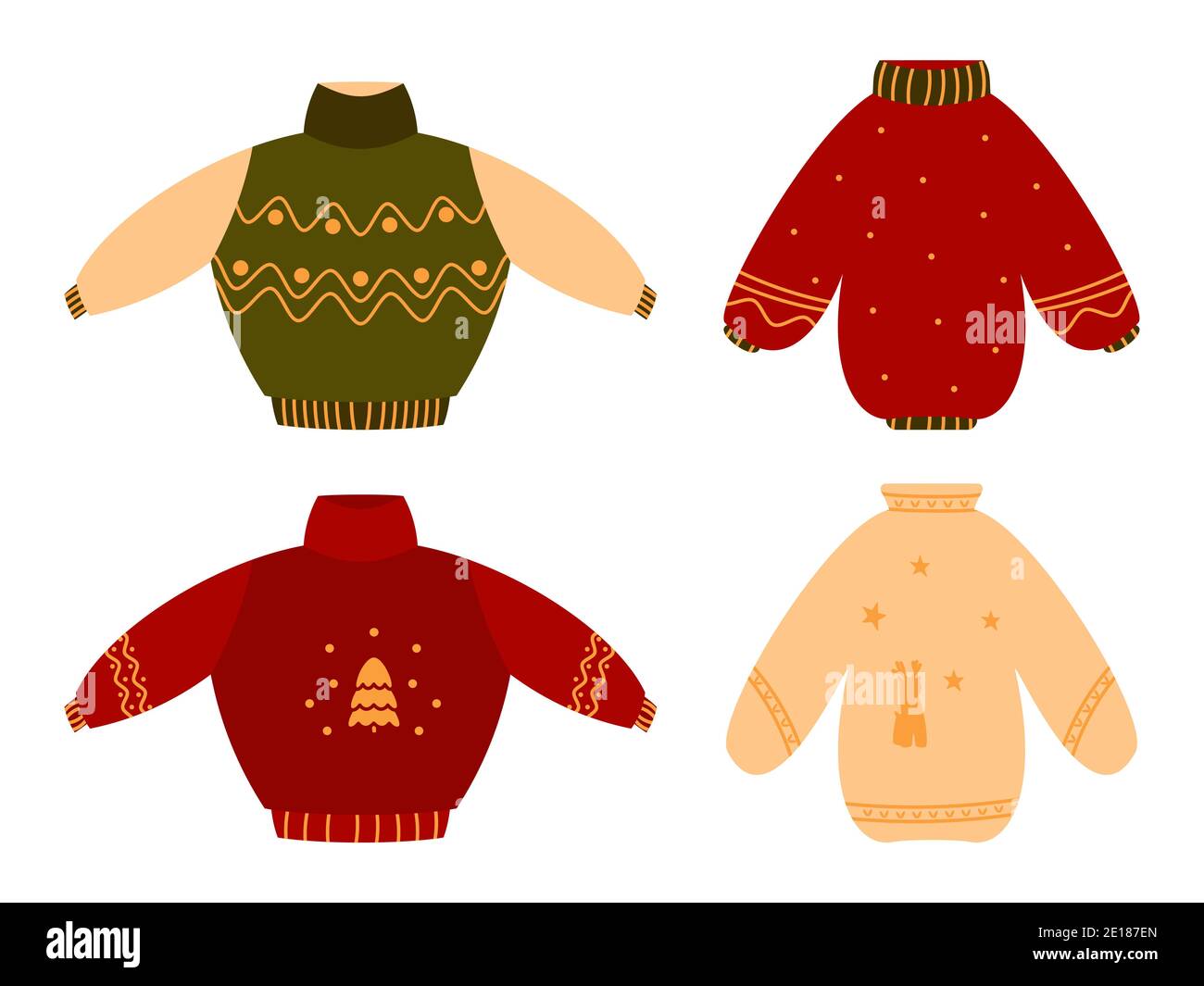Cute cozy ugly red Christmas sweater flat set. Knitted winter clothes. Jumpers with ornament or deer. Traditional holiday pullover, funny xmas prints. Hygge time. Isolated on white vector illustration Stock Vector