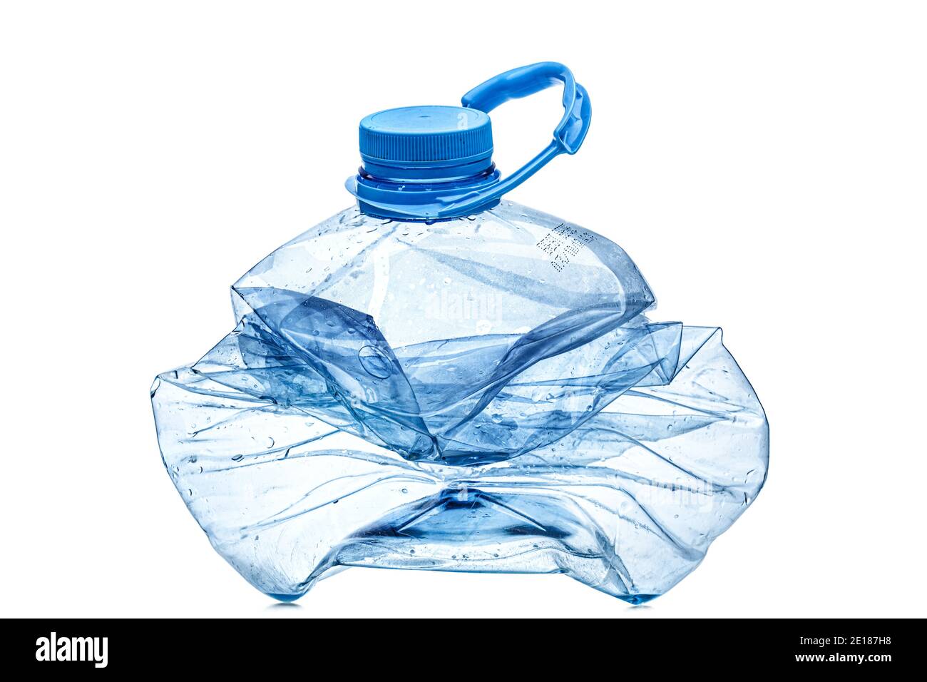 smashed empty plastic bottle with blue cap, isolated on white