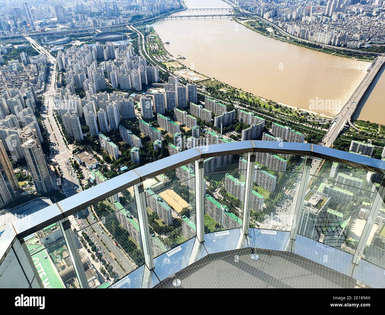 Image showcasing View of the river and apartment complex from the observation deck ...