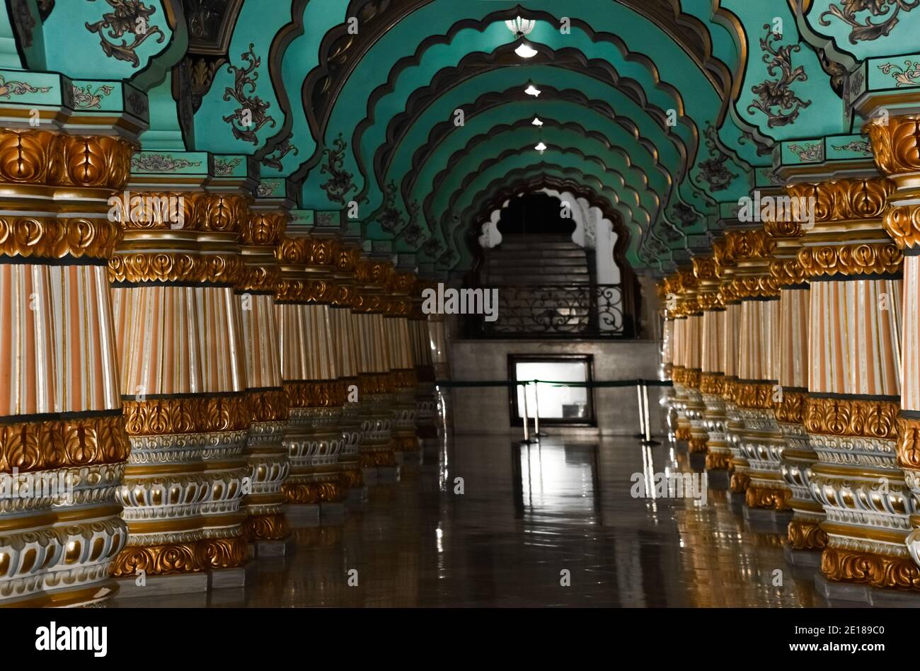 Raj darbar hall of mysore,and this really looks beautiful with the color  combinations (green, golden, yellow etc), the art mades in the walls, the  roo Stock Photo - Alamy