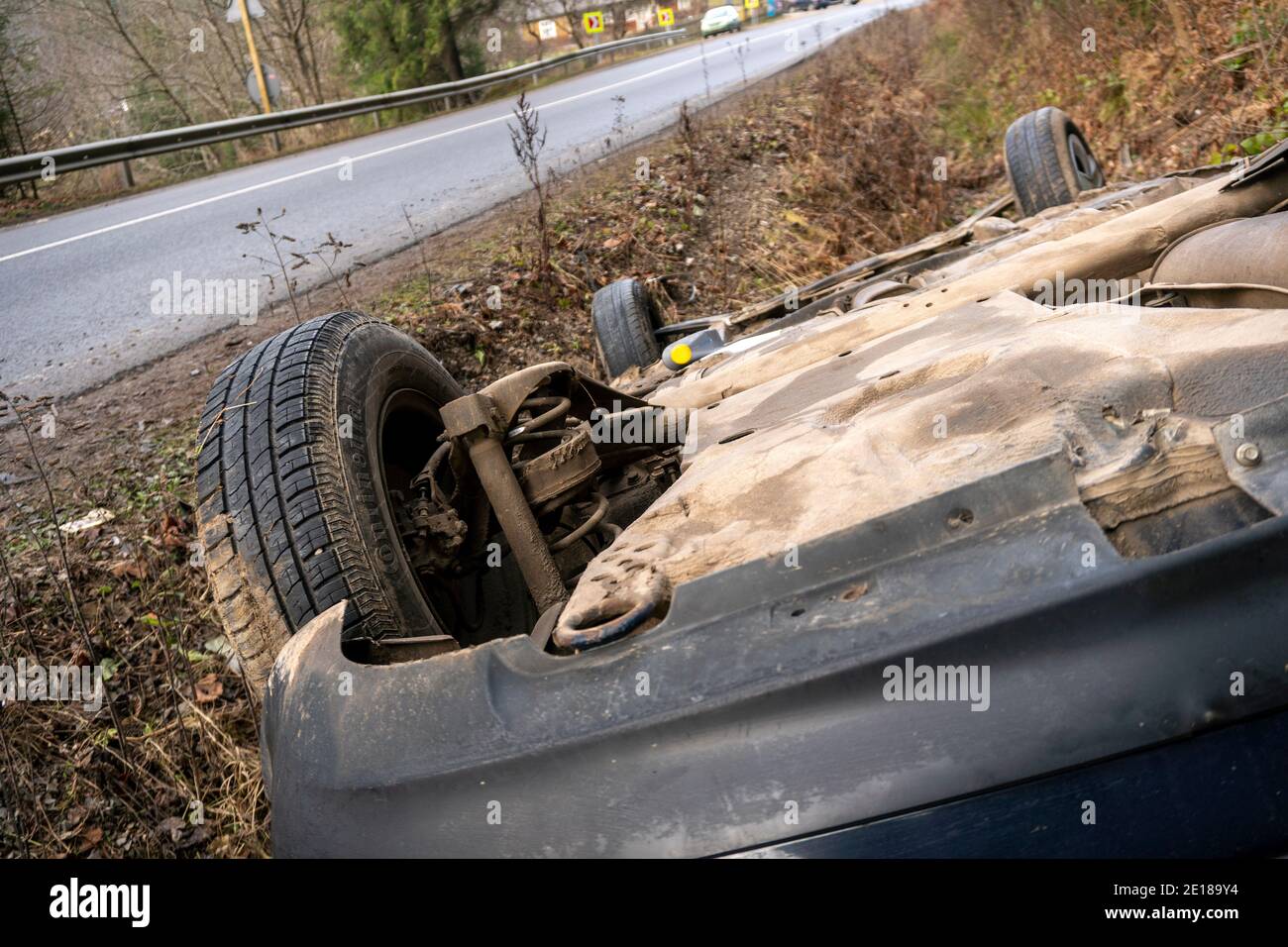 The Car Got Into an Accident on the Mountain Road and fell Upside Down