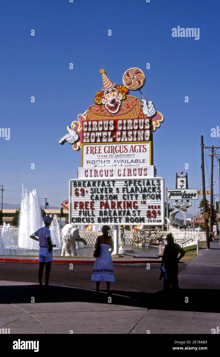 Sign outside of Circus Circus Hotel and Casino on the Strip in Las Vegas, Nevada circa 1970s. Stock Photo