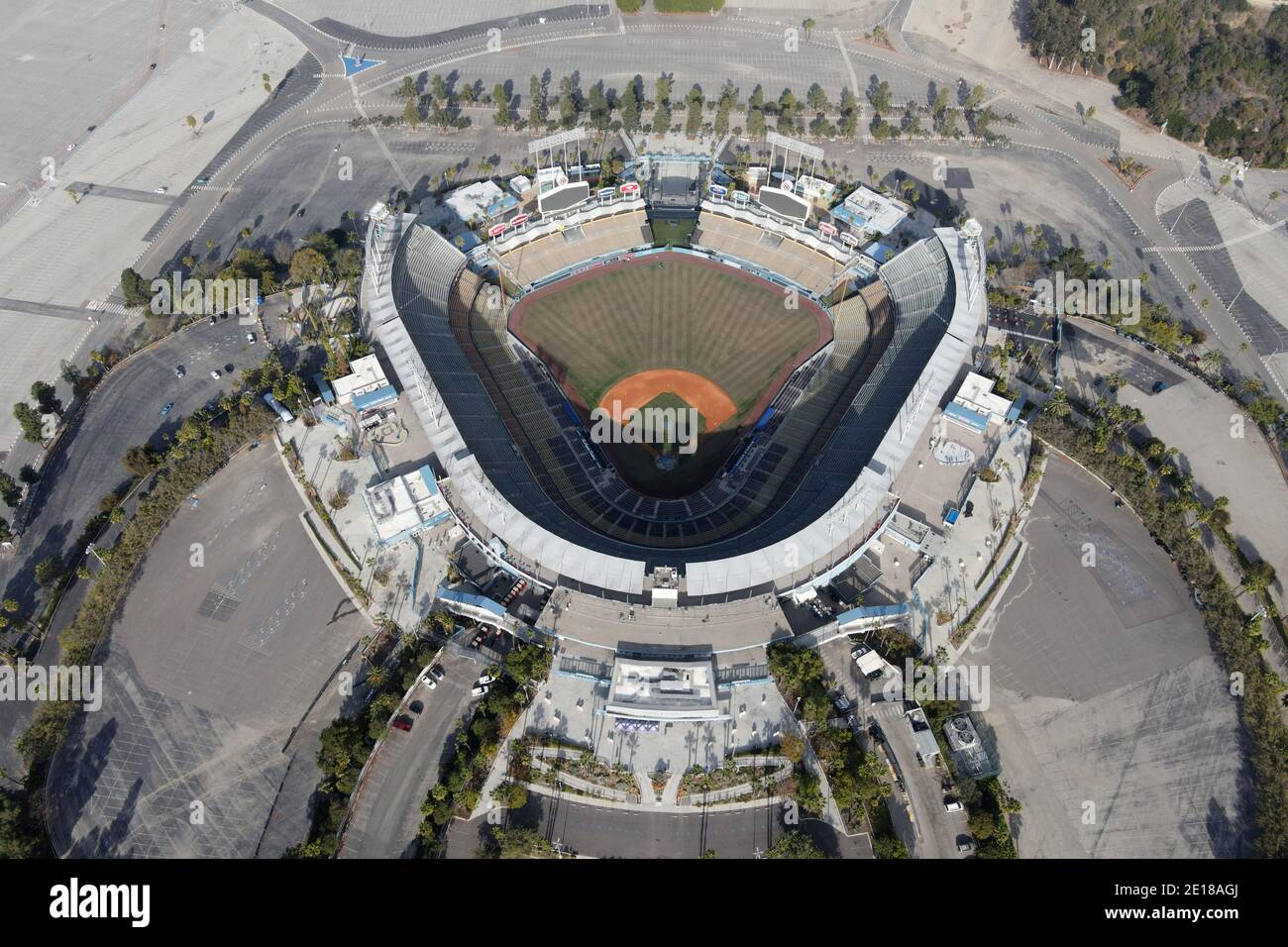 An aerial view of Dodger Stadium, Monday, Jan 4, 2021, in Los Angeles ...