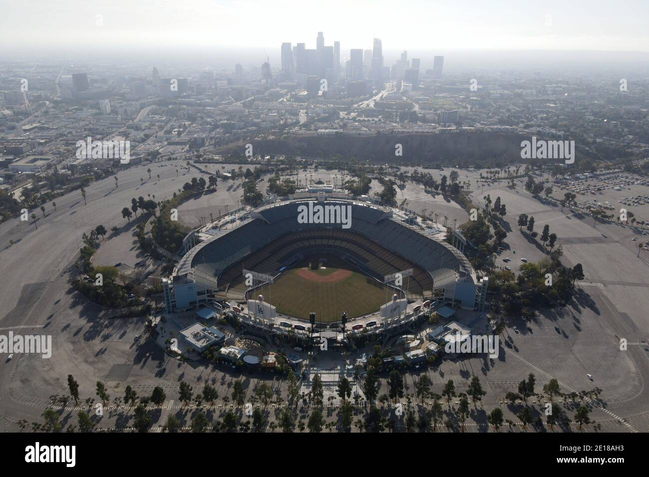 An aerial view of Dodger Stadium and the downtown Los Angeles skyline ...