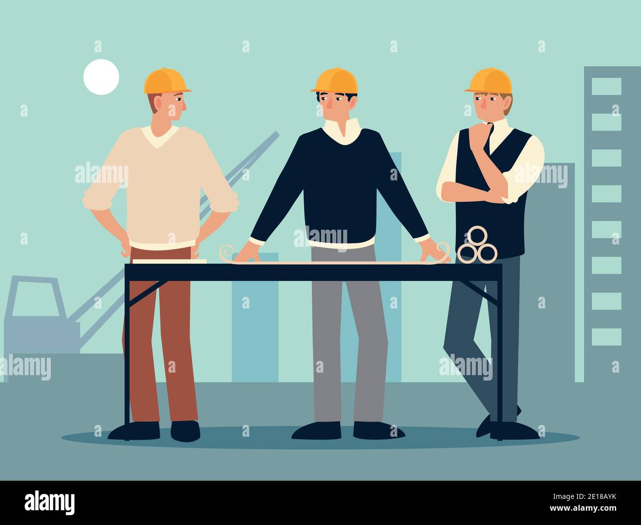 builders and architects with blueprint on table in the workplace vector ...