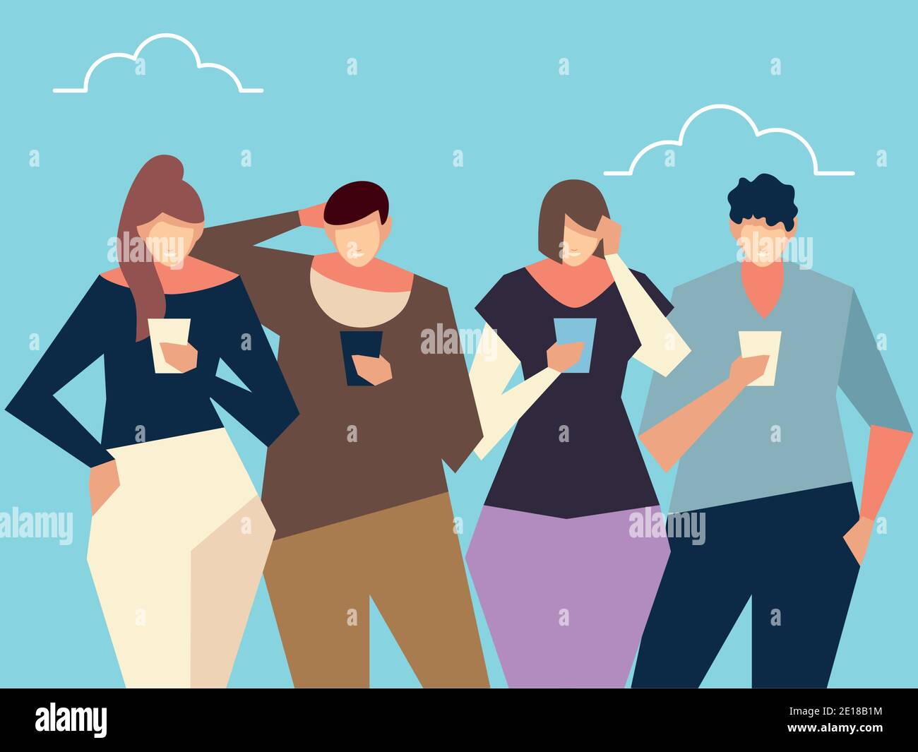 people using smartphone, guys and women standing together with devices ...