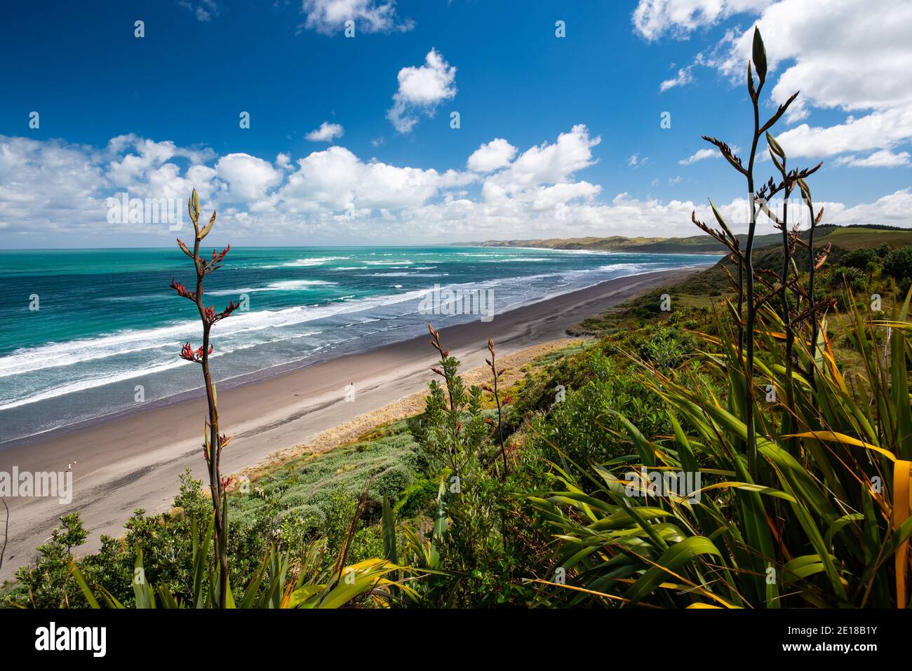 Panorama of Ngarunui beach, perfect surfing spot in Raglan, Waikato, New Zealand Stock Photo Alamy