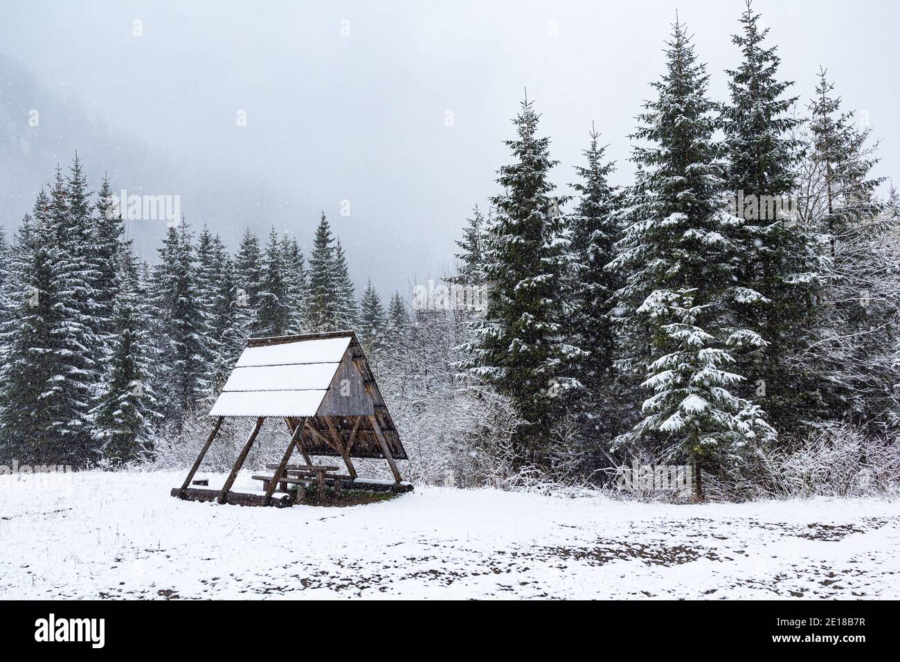 Cold winter morning in Tarta mountrains with the picnic table Stock Photo