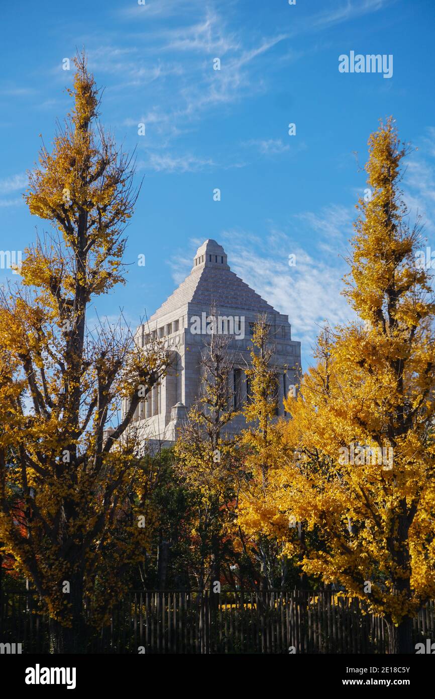 Autumn season covered National Diet Building in Tokyo, Japan. Japanese Parliament. Stock Photo