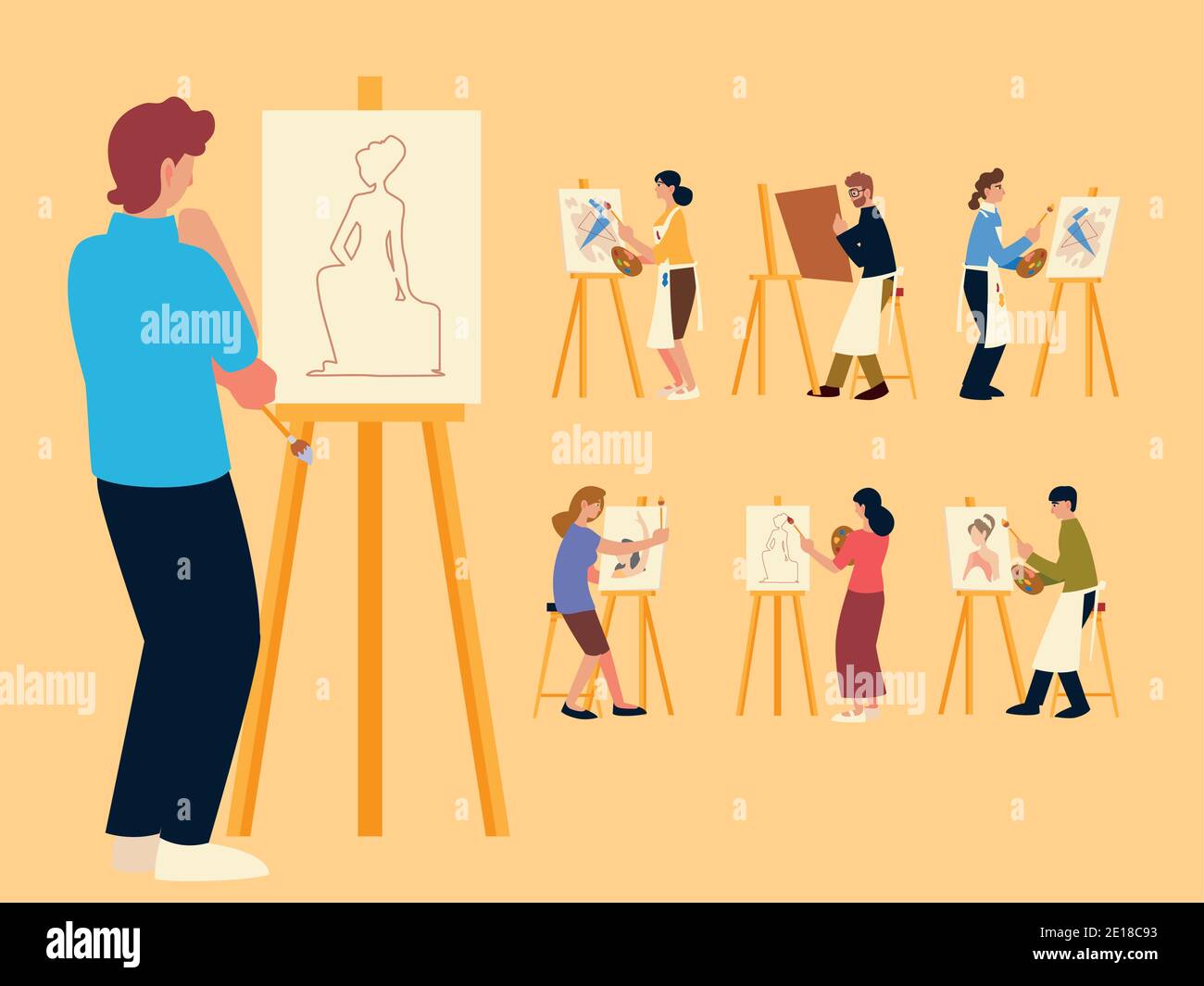 paint class, set of people painting, drawing and making artworks Stock ...