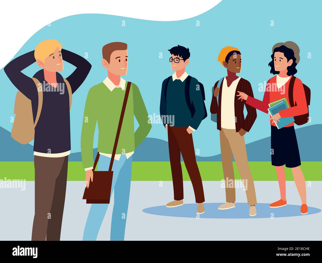 men students with books and bags in the outdoors vector illustration ...