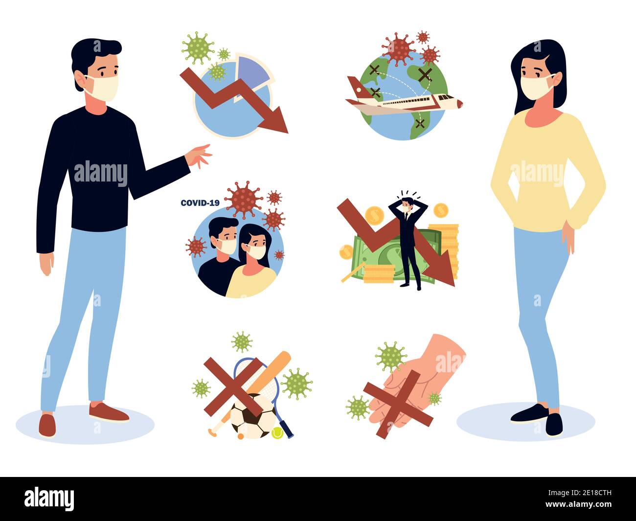 covid 19 crisis coronavirus impact, global economy, contact people, sport events and financial crisis vector illustration Stock Vector