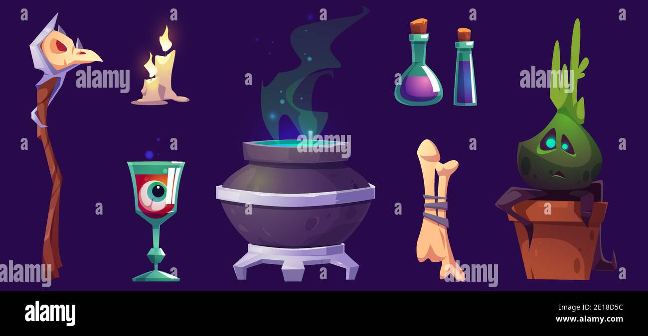 Magic or halloween stuff witch cauldron, staff with bird skull, burning candles, eyeball in goblet, potion in beakers, bones and potted plant, pc game items isolated cartoon illustration, icons set Stock Vector