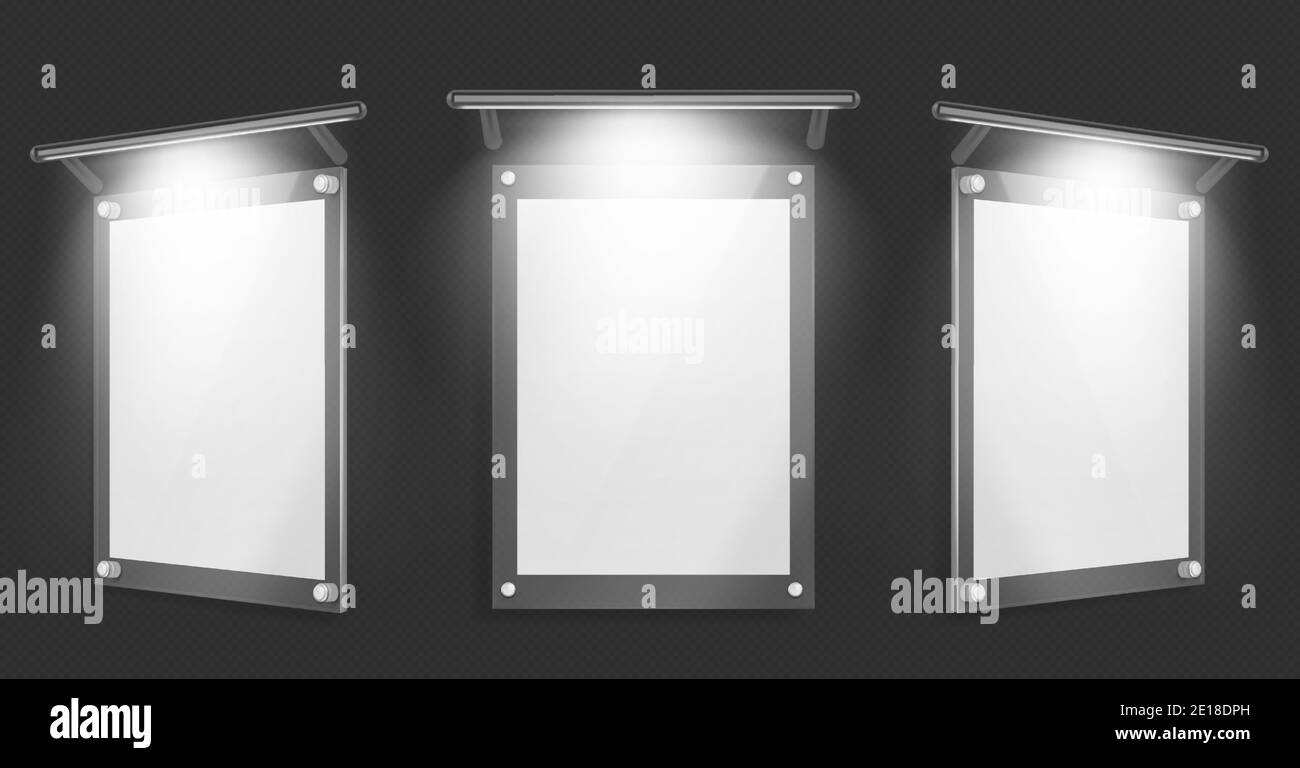 Download Acrylic Poster Blank Glass Frame With Illumination Hang On Wall Isolated On Black Background Empty Photo Frame Template Name Plate Plexiglass Banner Holder Mockup Realistic 3d Vector Illustration Stock Vector Image