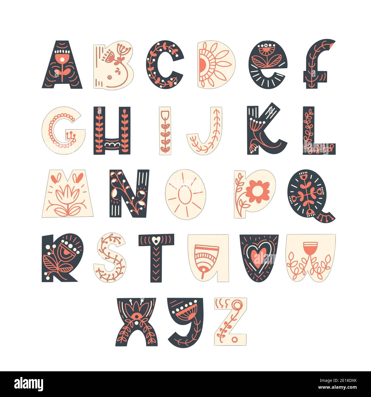 Hand drawn latin alphabet in scandinavian style. Folk art font with