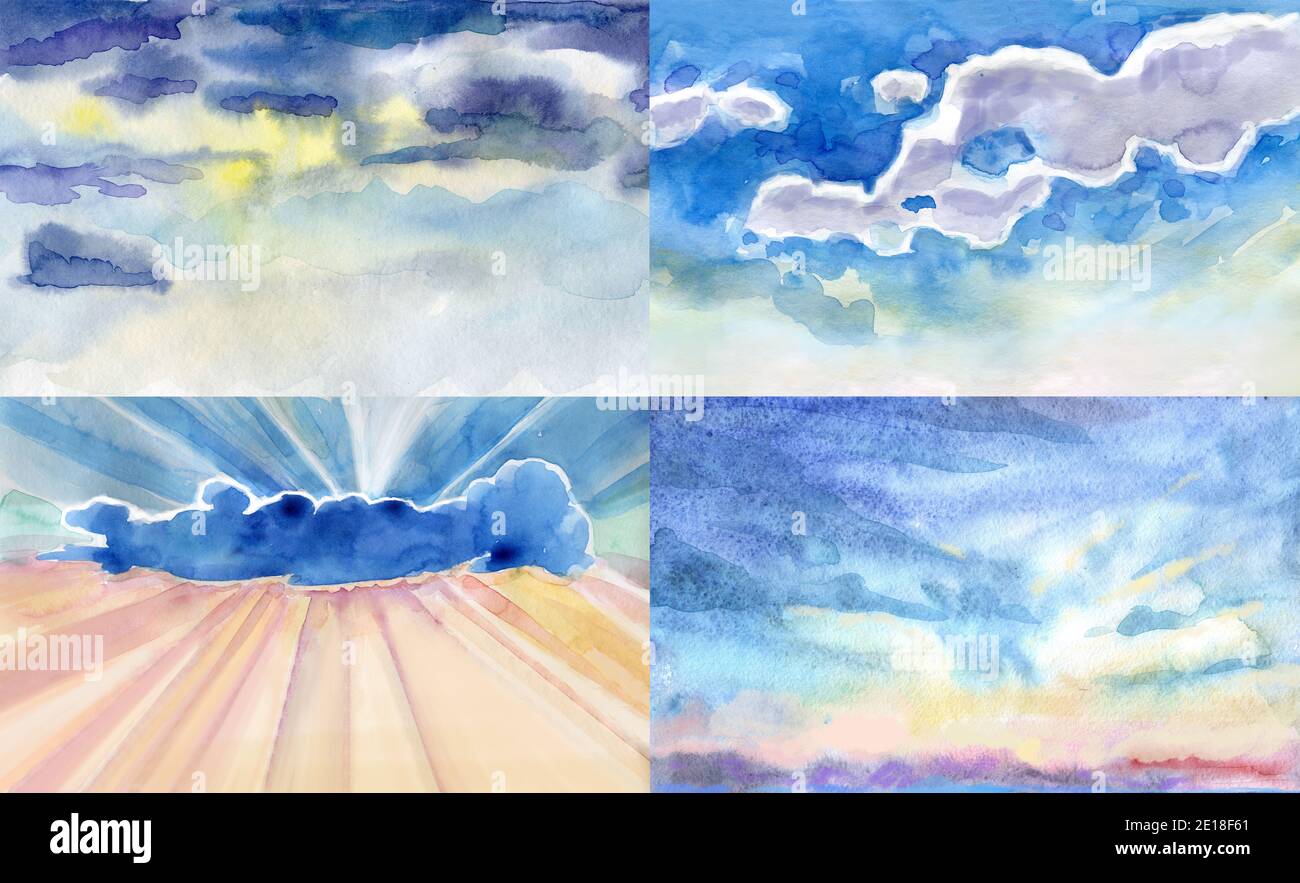 Watercolor illustrations of sky with cloud. Artistic natural painting ...