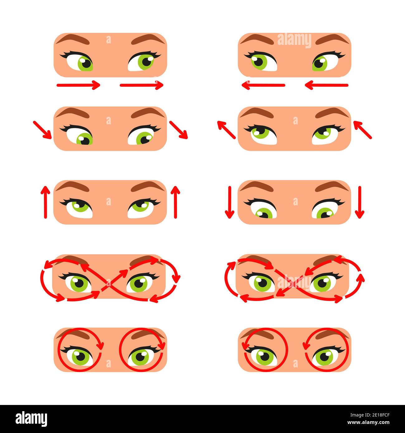 A set of exercises for the eyes. For better vision, relaxation, stretching, focus, training the eye muscles. Cartoon style. Color vector illustration Stock Vector