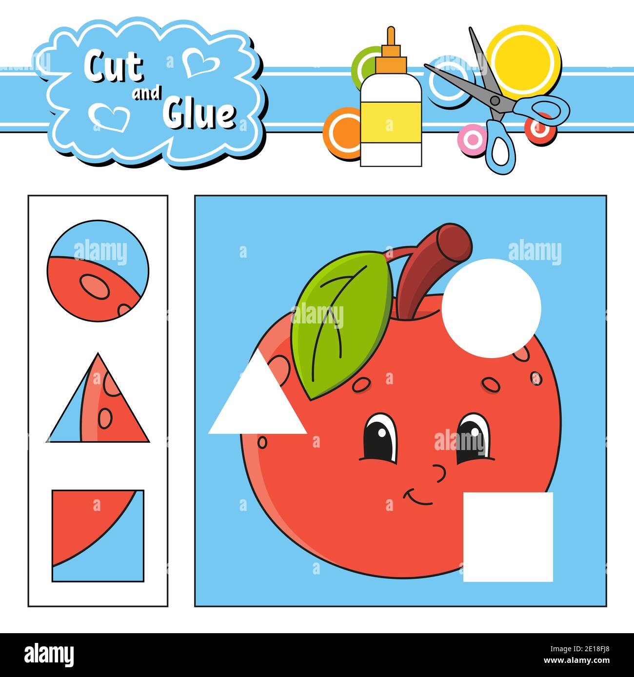 Cut and glue. Game for kids. Education developing worksheet. Cartoon apple character. Color activity page. Hand drawn. Isolated vector illustration. Stock Vector