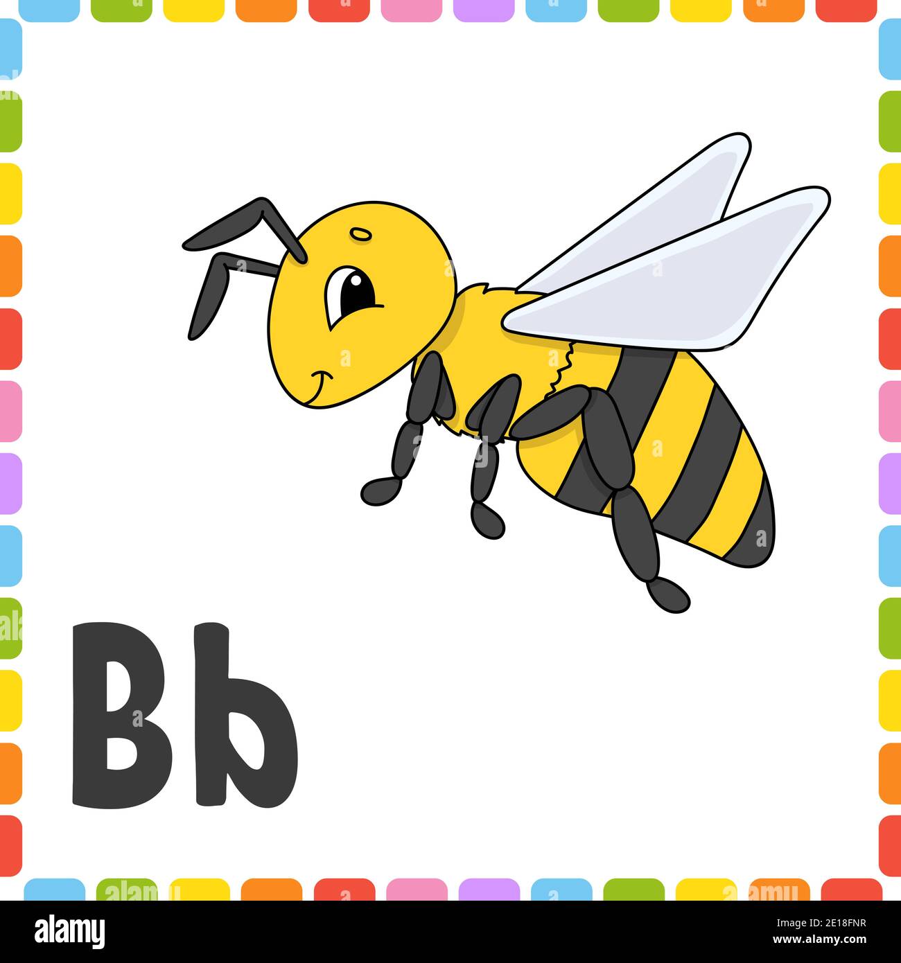 Funny alphabet. Letter B - bee. ABC square flash cards. Cartoon character isolated on white background. For kids education. Developing worksheet. Lear Stock Vector