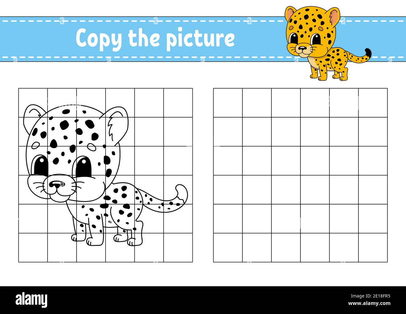 Spotted jaguar. Copy the picture. Coloring book pages for kids. Education developing worksheet. Game for children. Handwriting practice. Funny charact Stock Vector