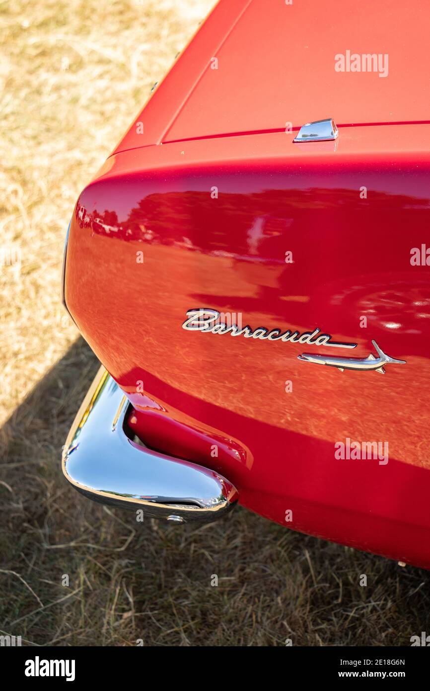 detail of rear end Red Plymouth Barracuda at Stars & Stripes classic American car show, Stock Photo