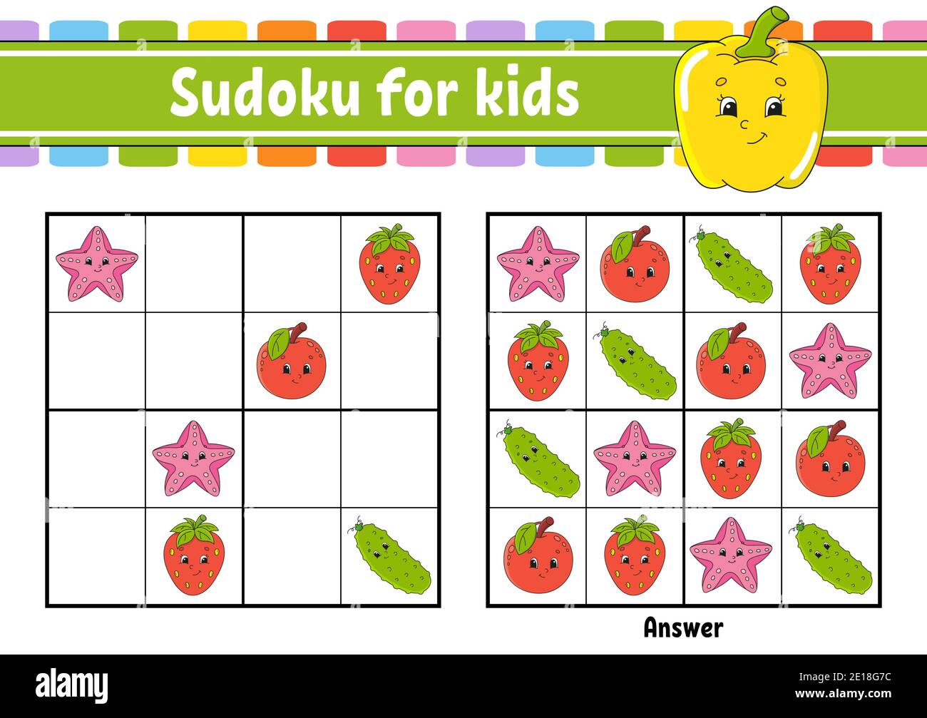 Sudoku for kids. Education developing worksheet. Vegetable, fruit. Cartoon character. Color activity page. Puzzle game for children. Logical thinking Stock Vector