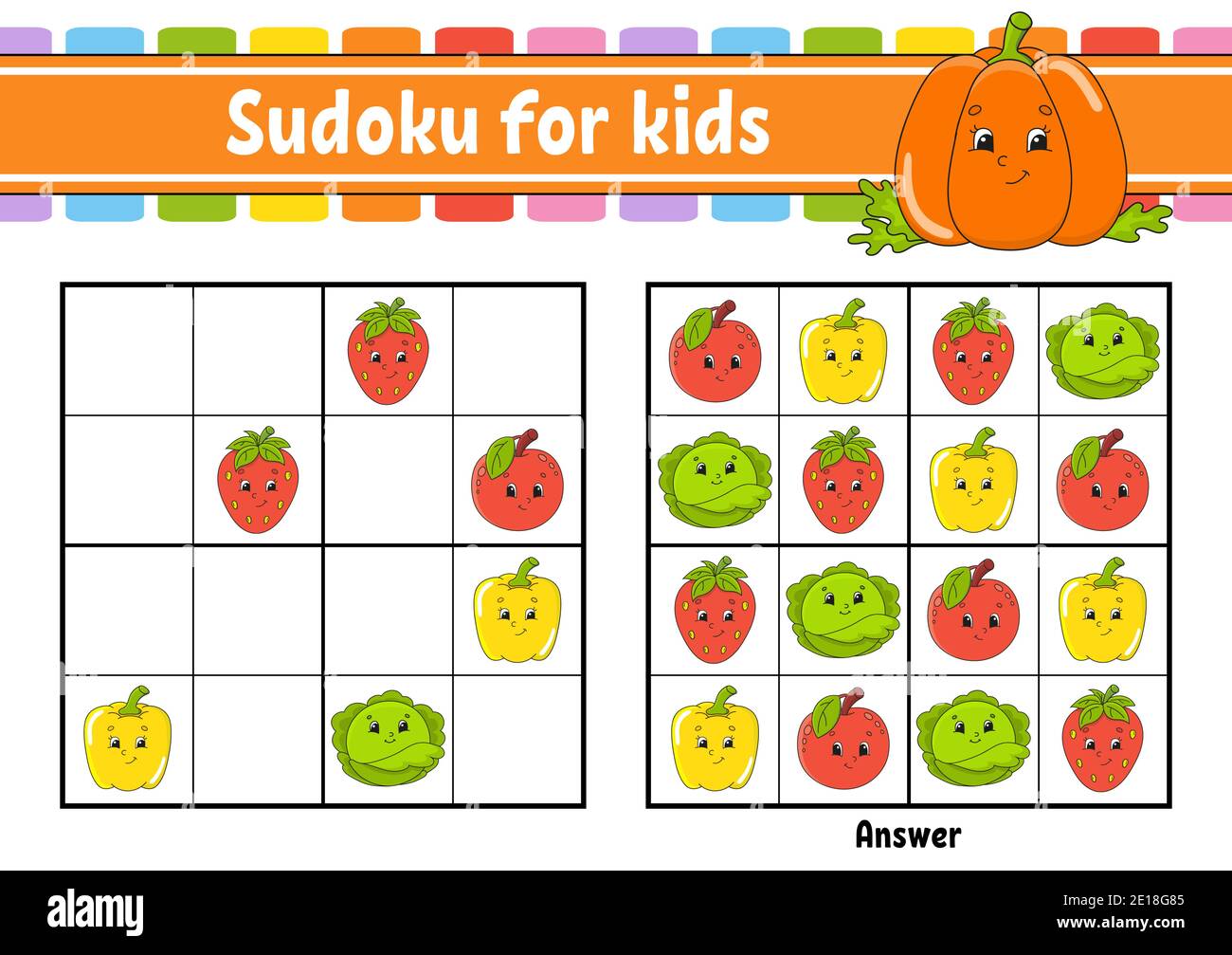 Sudoku for kids. Education developing worksheet. Vegetable, fruit. Cartoon character. Color activity page. Puzzle game for children. Logical thinking Stock Vector