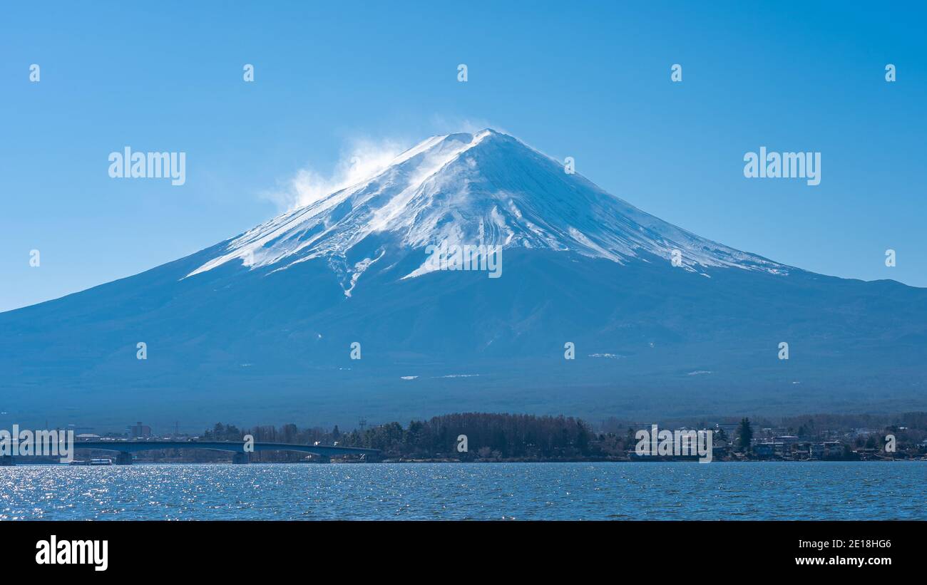 Panorama view of Mount Fuji with Lake Kawaguchiko in Japan. Stock Photo