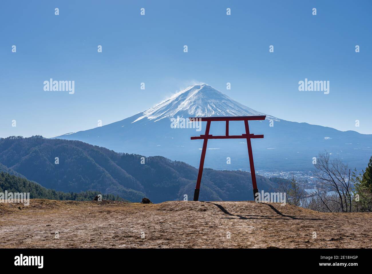 Mount Fuji with Torii gate in Kawaguchiko, Japan. Stock Photo