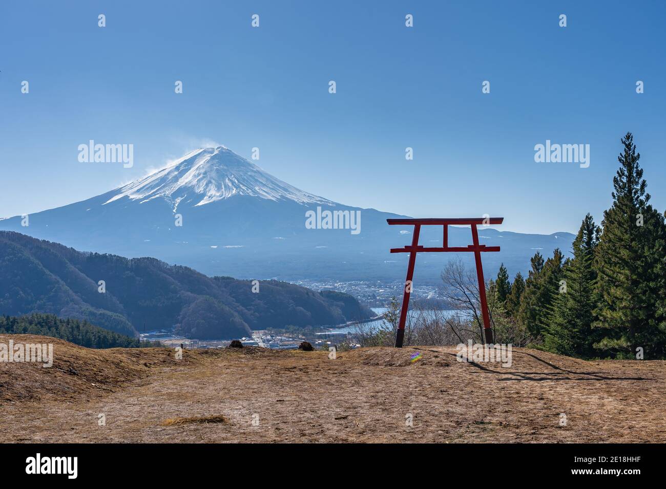 Mount Fuji with Torii gate of Asama Shrine in Kawaguchiko, Japan. Stock Photo