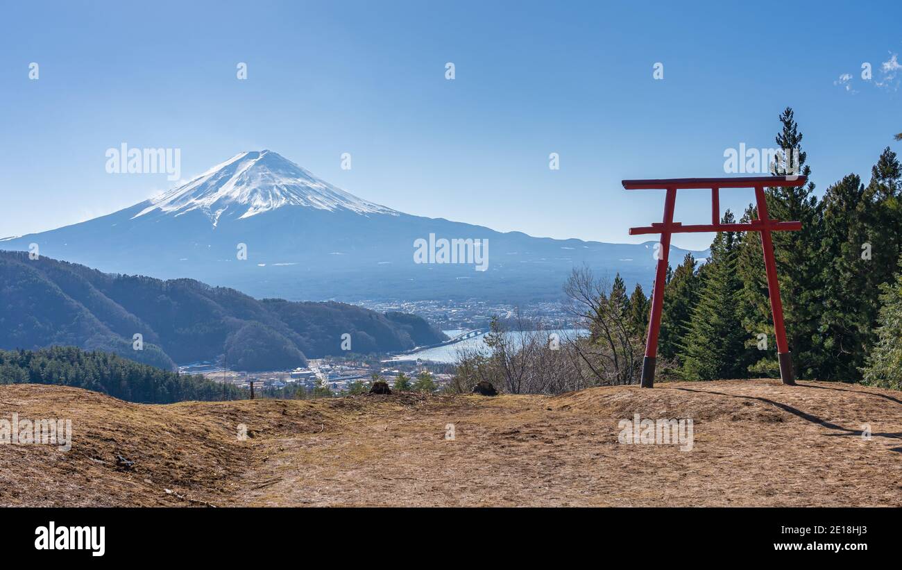 Mount Fuji with Torii gate in Kawaguchiko, Japan. Stock Photo