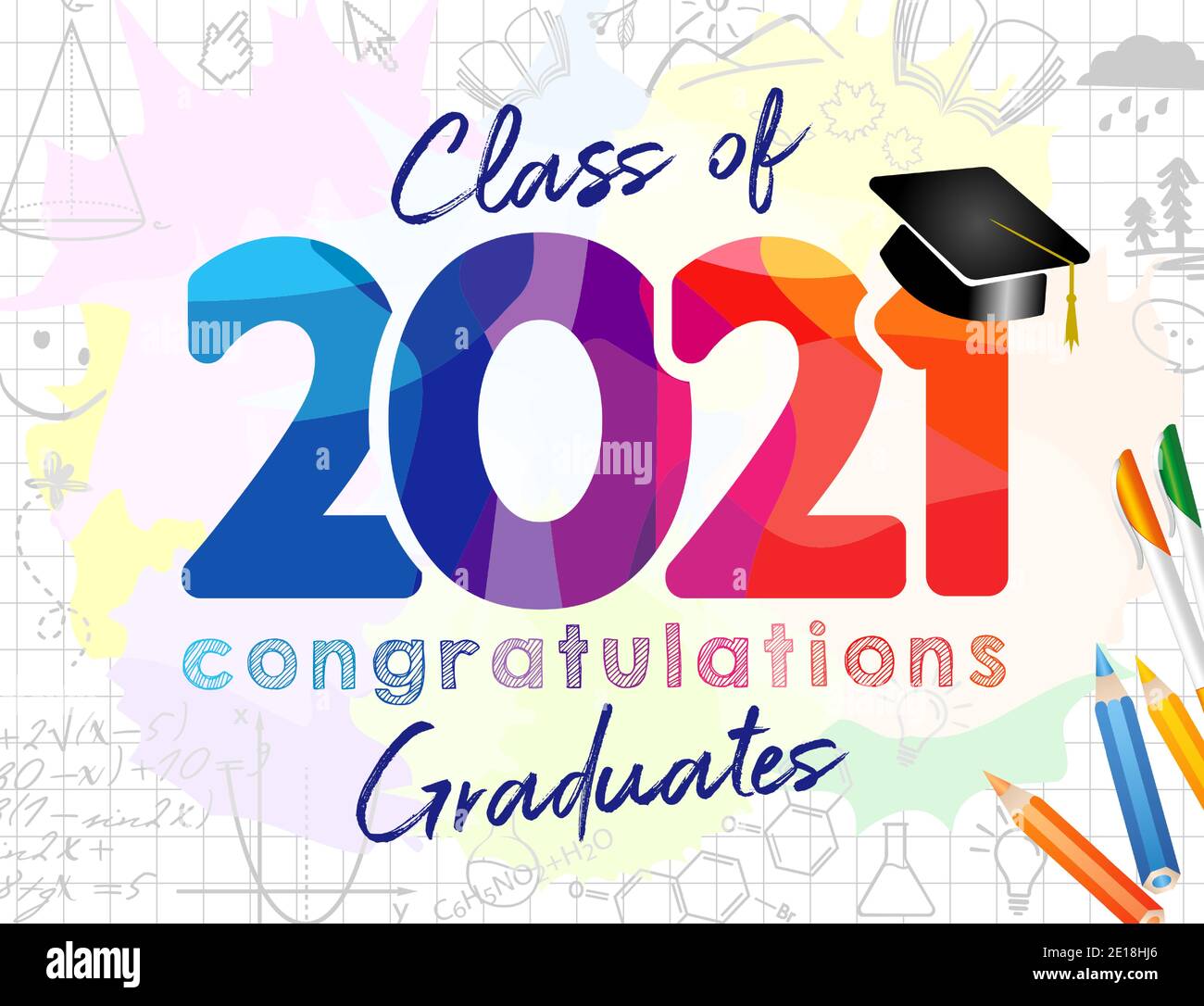 Class of 2021 year graduation banner, awards concept. Class off holiday colour invitation card. Stained 3D digits. Isolated abstract graphic design Stock Vector