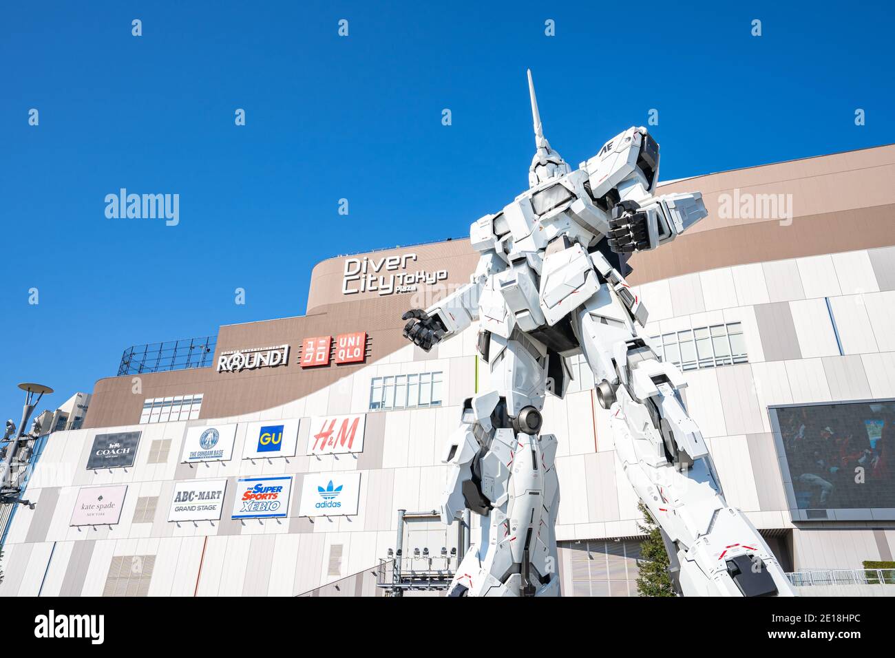 Tokyo, Japan - January 3, 2020: RX-0 Unicorn Gundam in front of Diver City Tokyo Plaza in Odaiba, Tokyo. Stock Photo