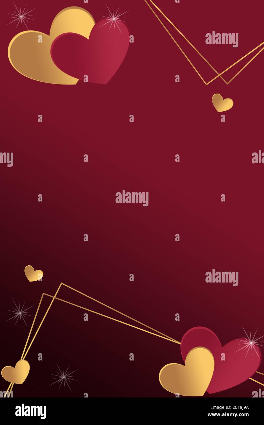 Valentine's day background with red and gold colored hearts on red ...
