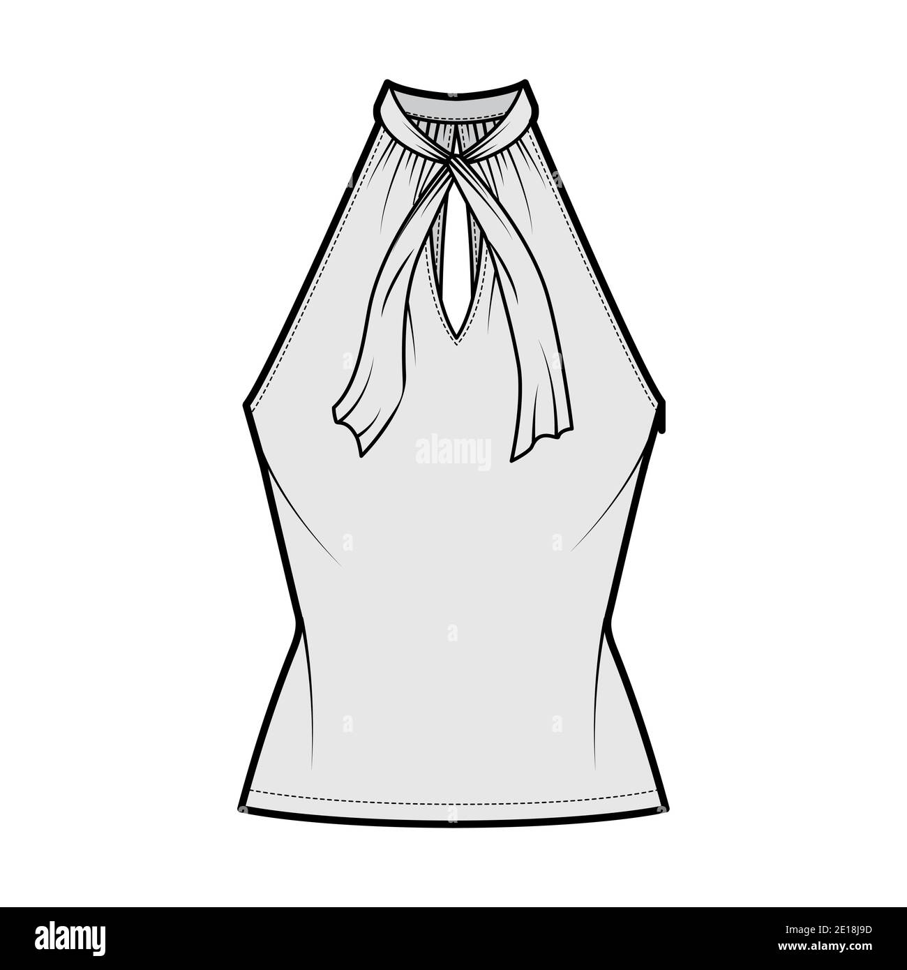 Top Vneck halter tank technical fashion illustration with tie, wrap