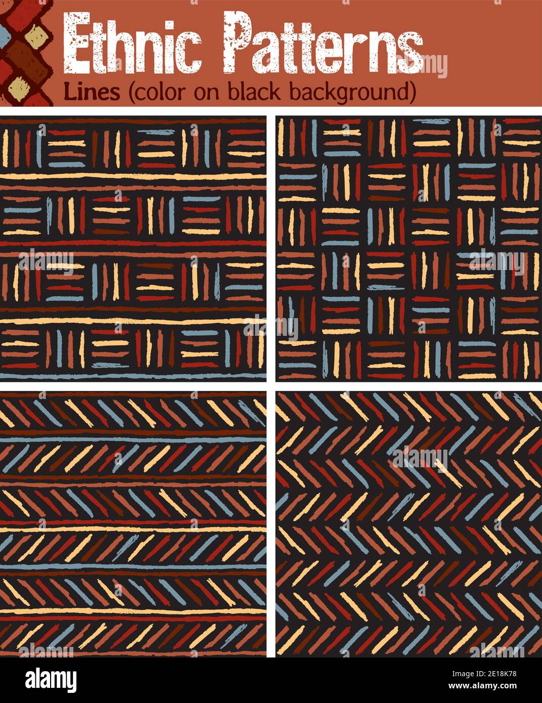 4 seamless patterns for Illustrator in tribal style, made from hand-drawn drawings. Stock Vector