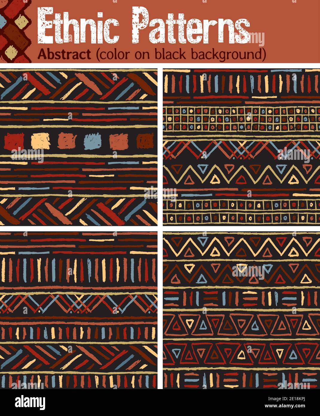 4 seamless patterns for Illustrator in tribal style, made from hand-drawn drawings. Stock Vector