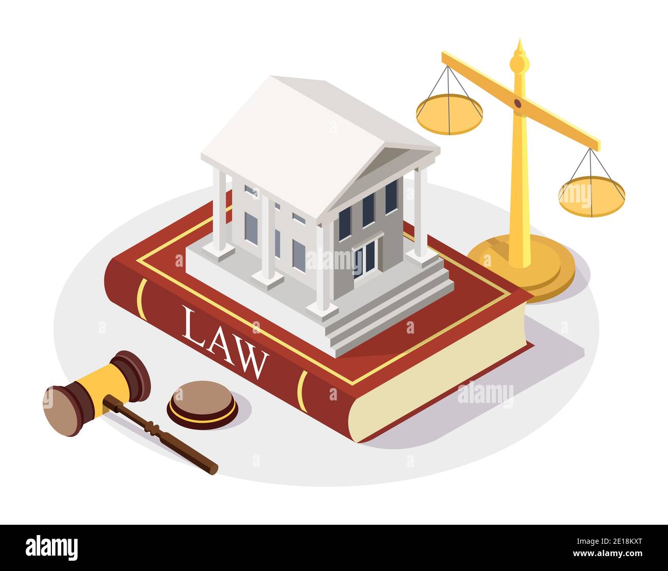 Isometric court building standing on the Law book, scales of justice