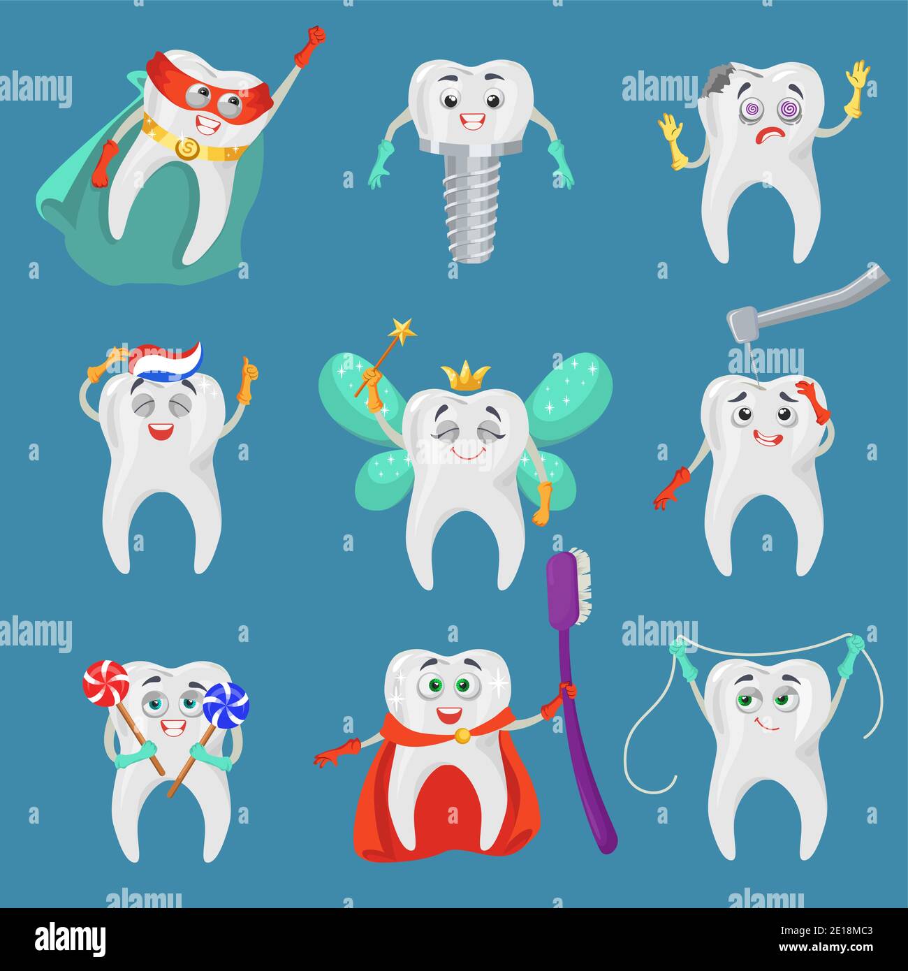 Funny tooth cartoon character set, flat vector isolated illustration. Happy and sad teeth with human faces. Dental emoji Stock Vector