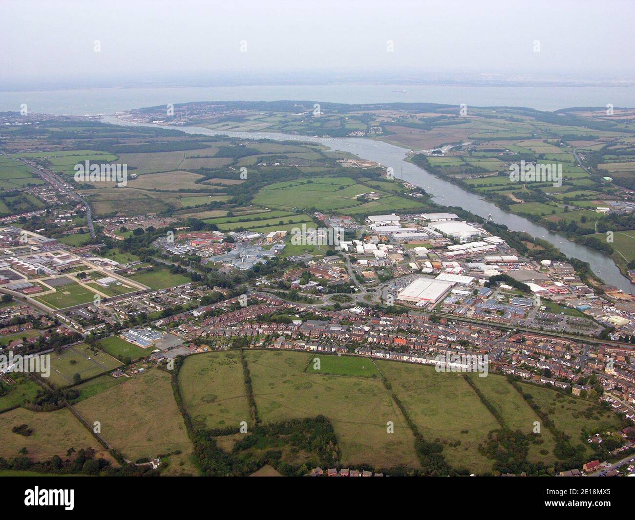 aerial view of Newport town, with St Mary's Hospital & Dodnor Industrial Estate prominent, Isle of Wight, UK Stock Photo