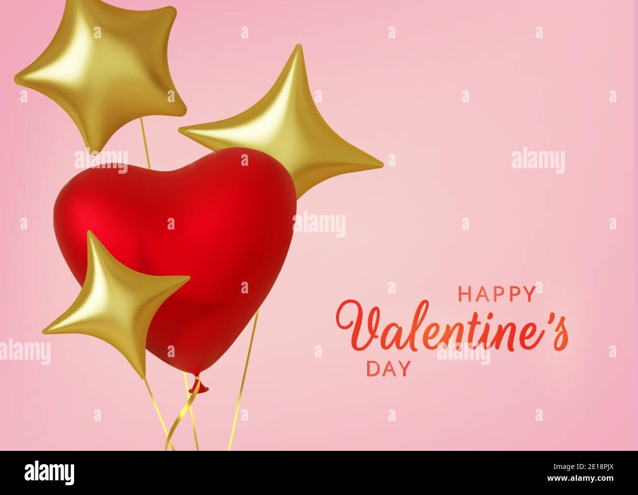 Valentines Day greeting card. Realistic 3d pink balloons hearts and ...